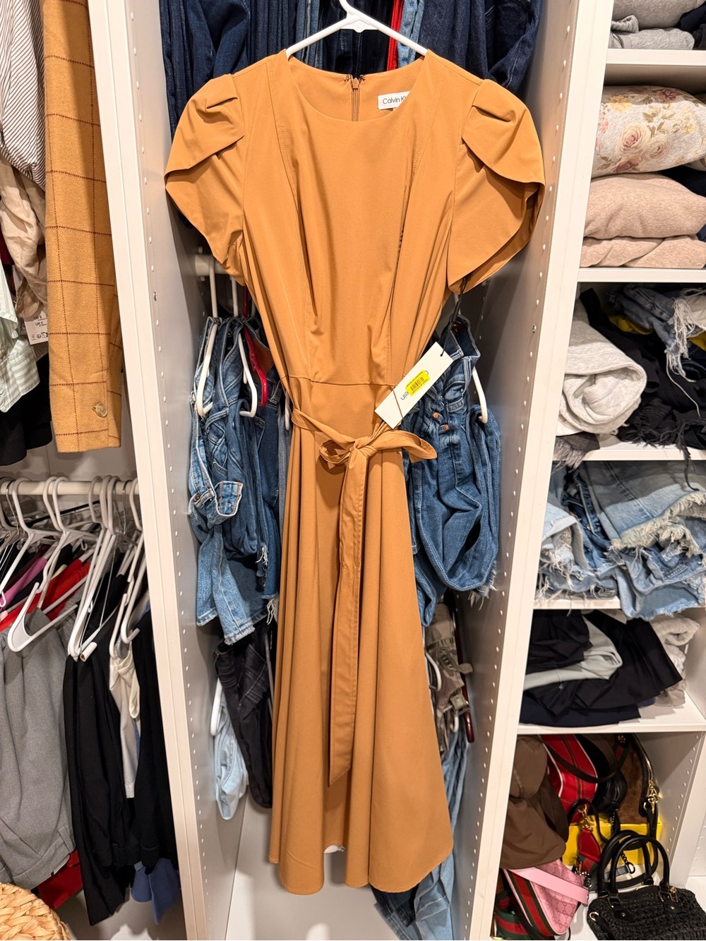 Calvin Klein Mustard Brown Tie-Waist Midi Dress